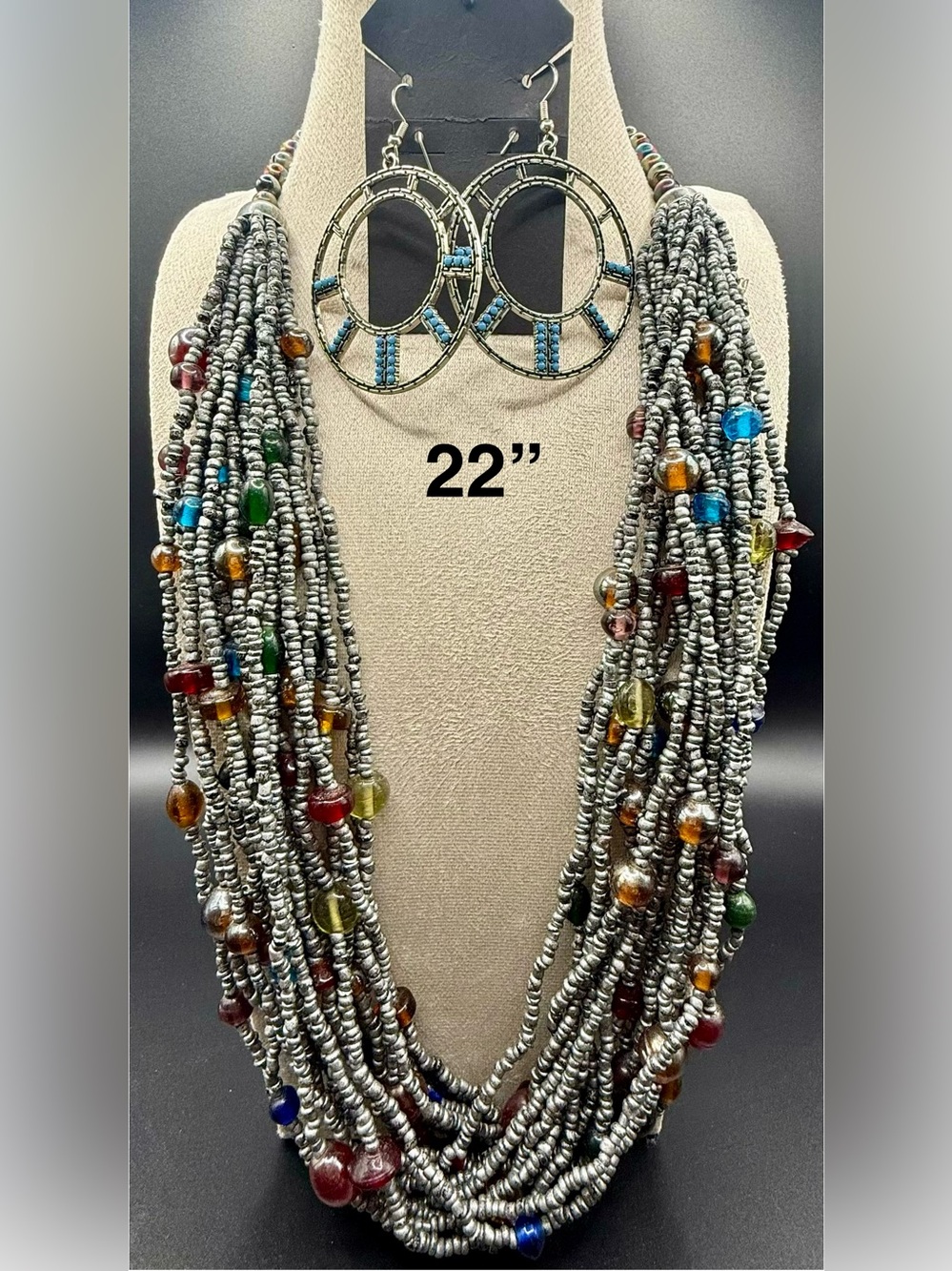 Multi-Strand Silver Bead Necklace with Multicolor Glass Accents